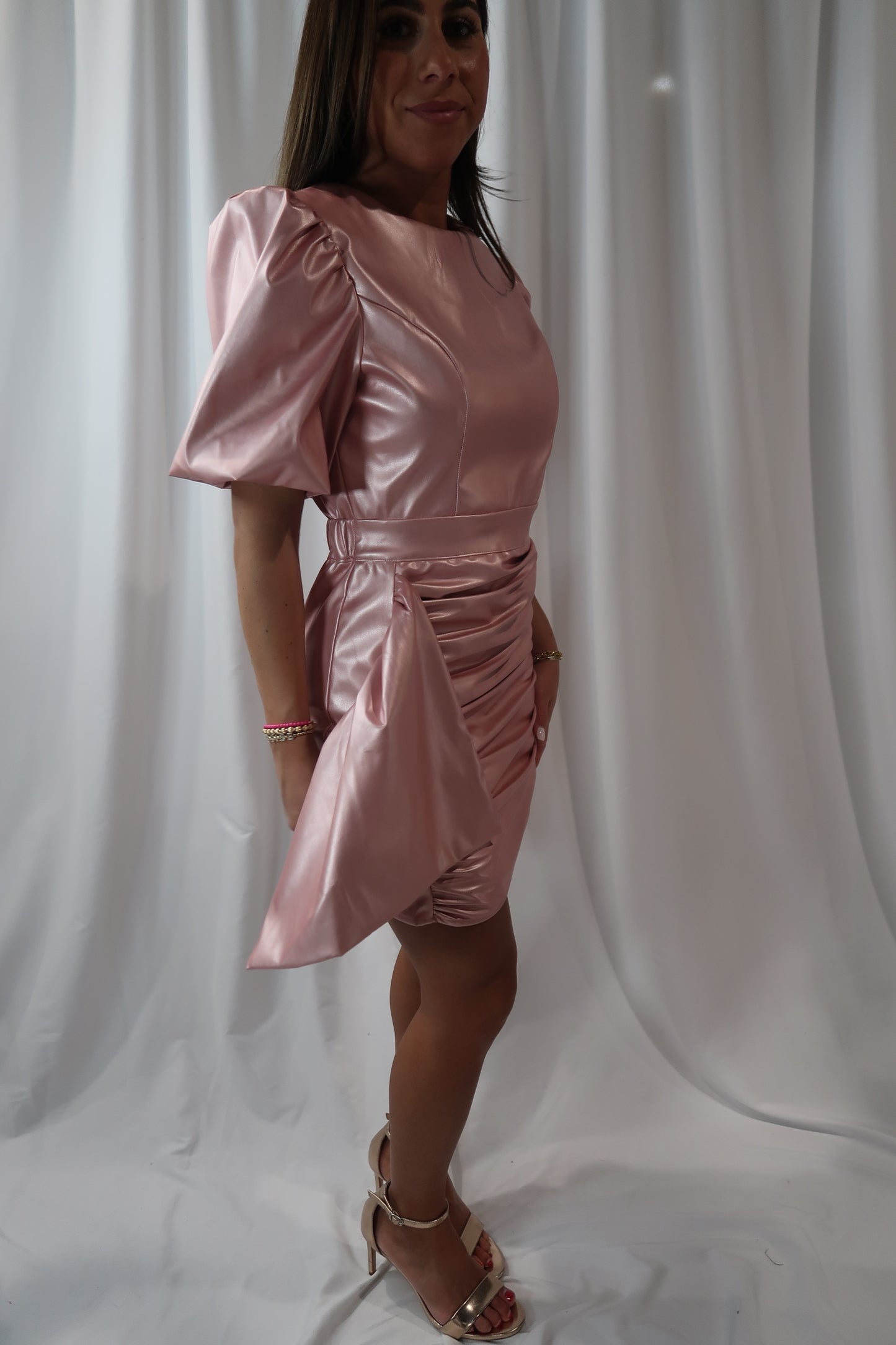 Pink Metallic Short Sleeve Mini Dress