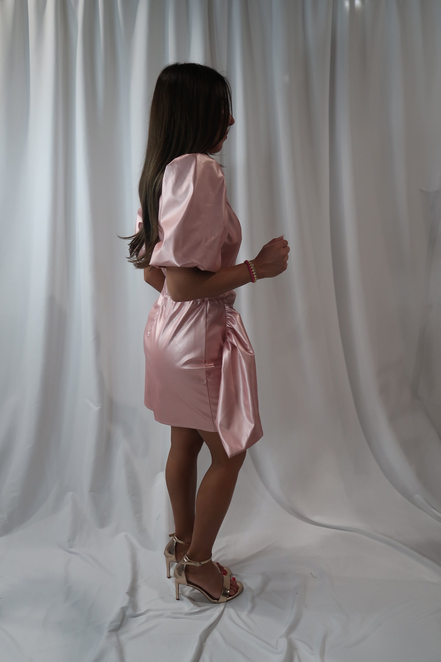 Pink Metallic Short Sleeve Mini Dress