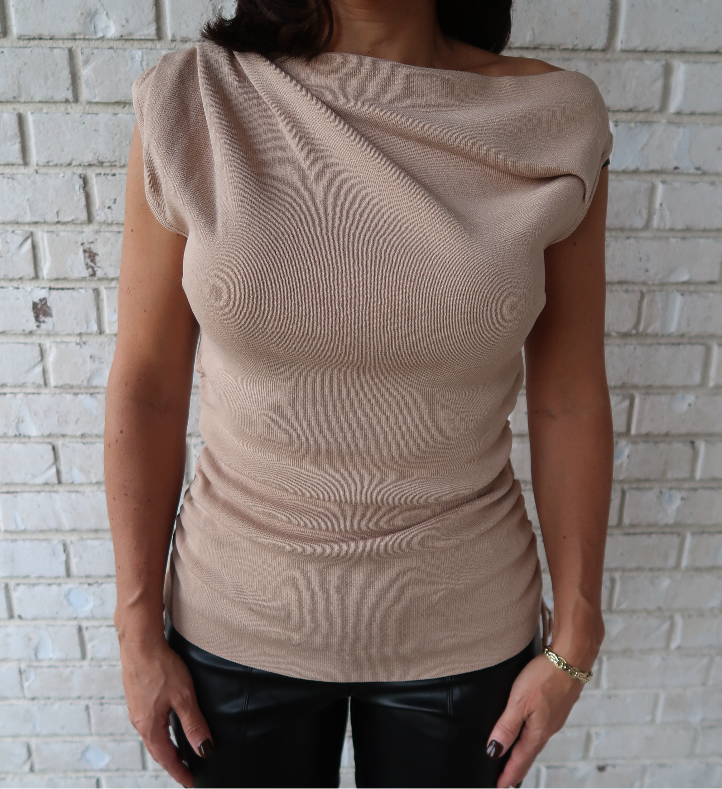 Beige Sleeveless Knit Top Drawstring Sides