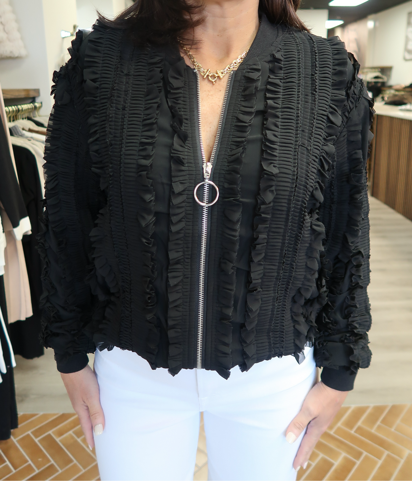 Black Laced Ruffle Bomber Jacket