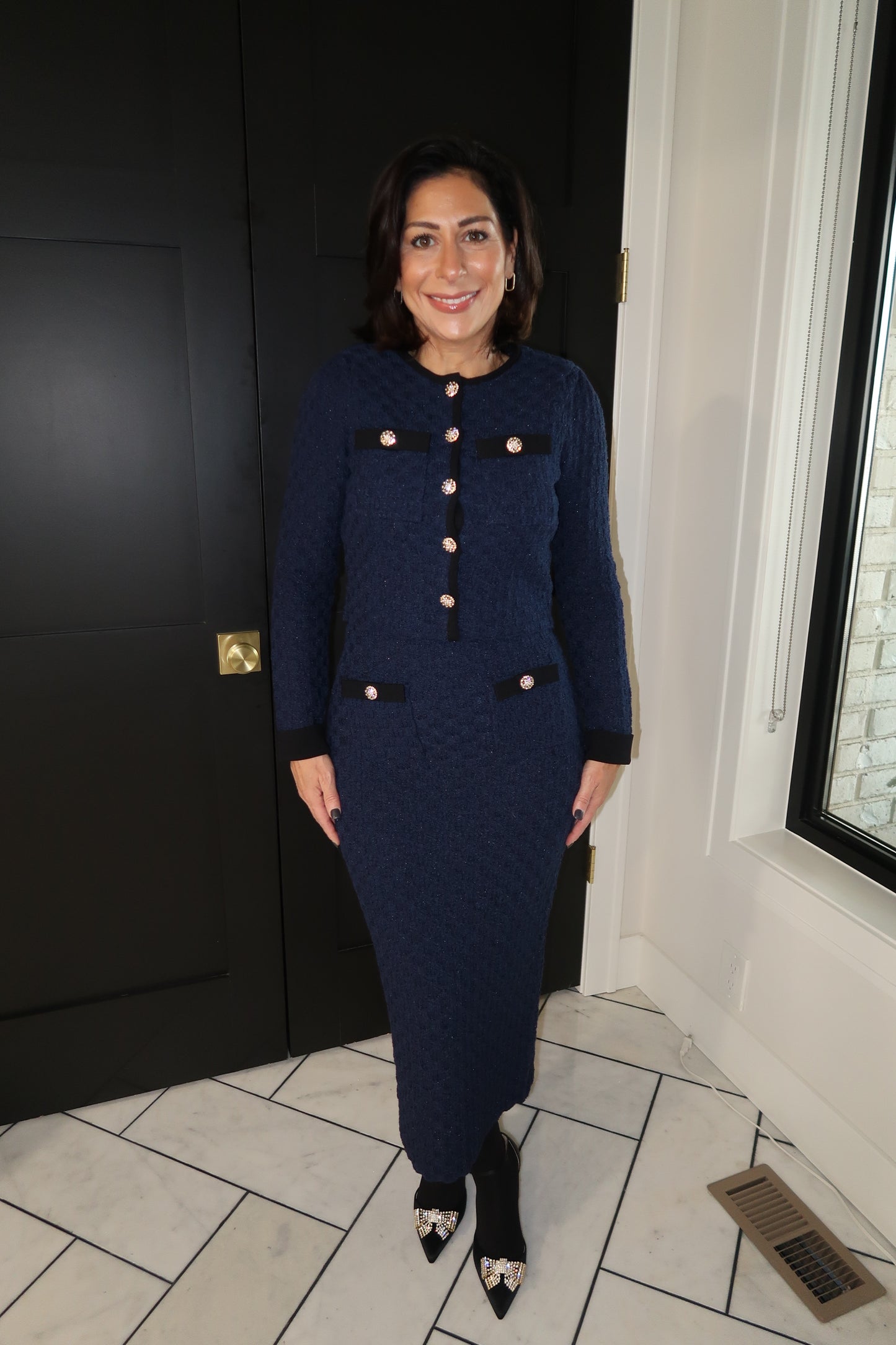 Navy Diamond Contrast Midi Skirt