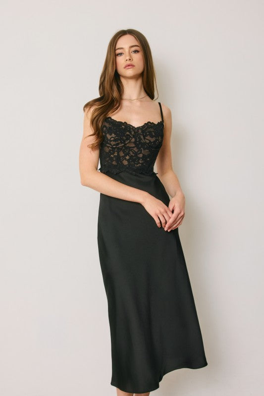Black Lace Satin Corset Midi Dress