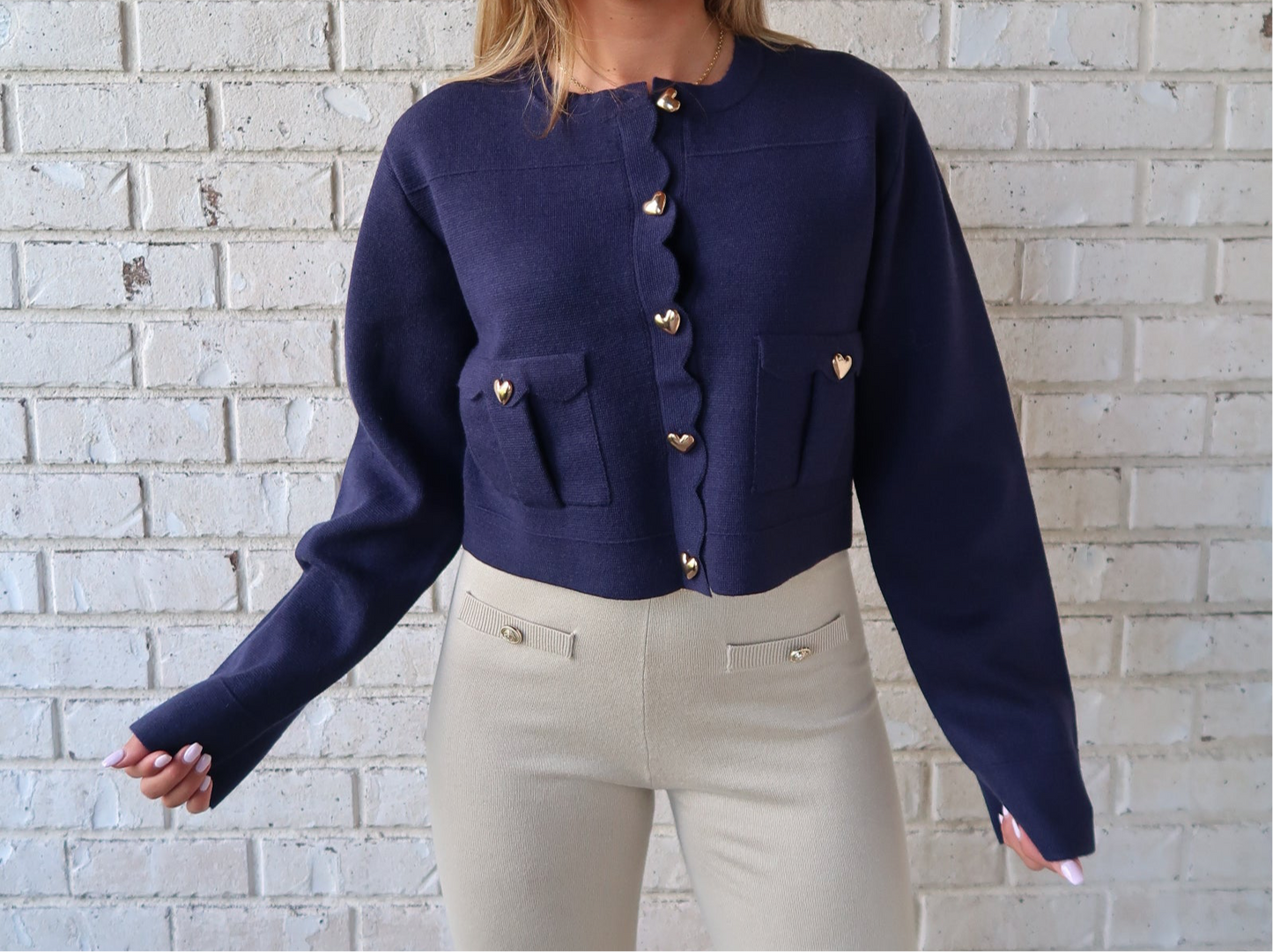 Navy Scalloped Heart Button Sweater