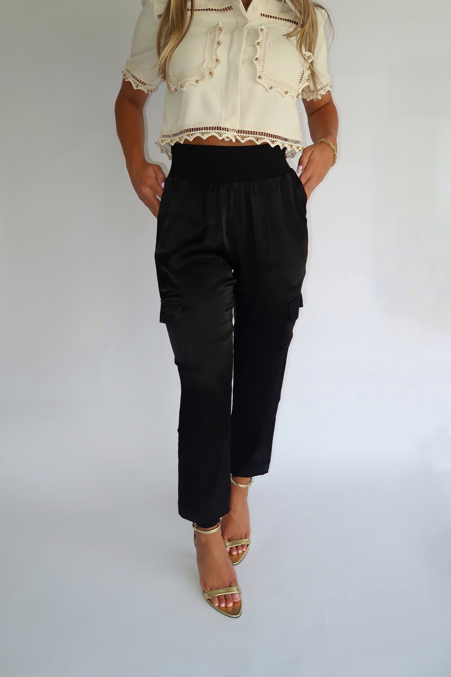 Satin Cargo Pants- Black