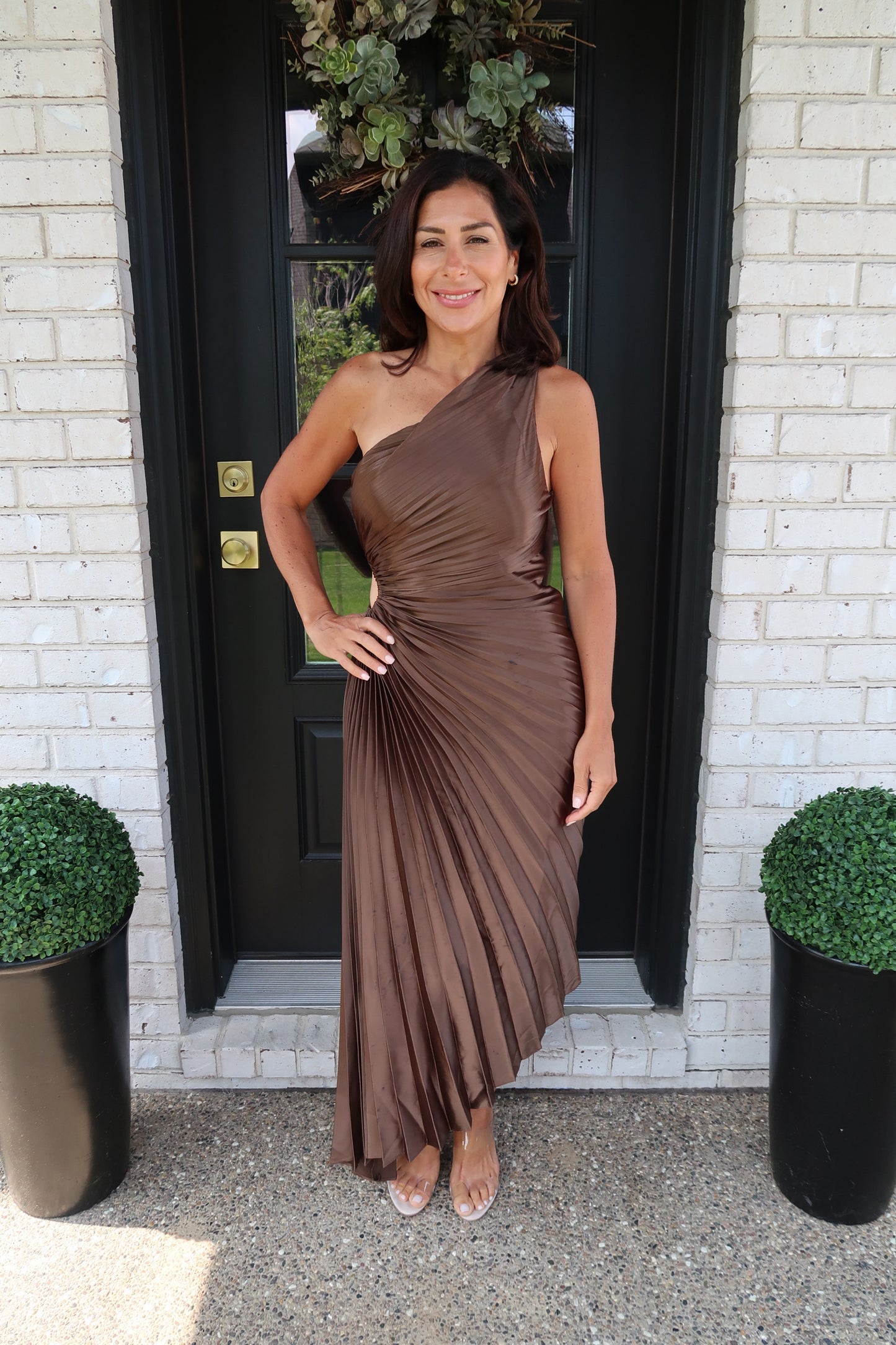 Bronze Asymmetrical Pleated Satin Dress