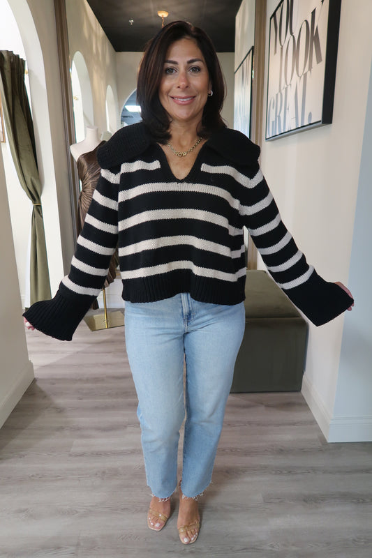 Striped V Neck Knit Sweater