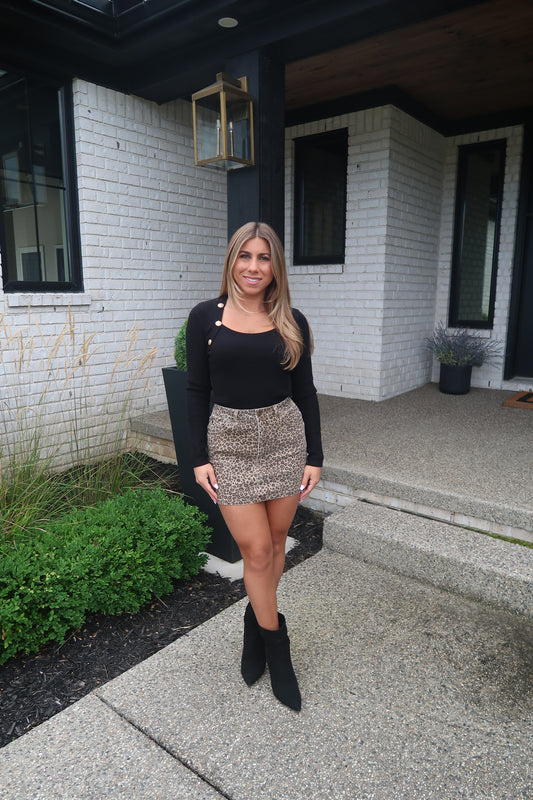 Knit Gold Button Top - Black