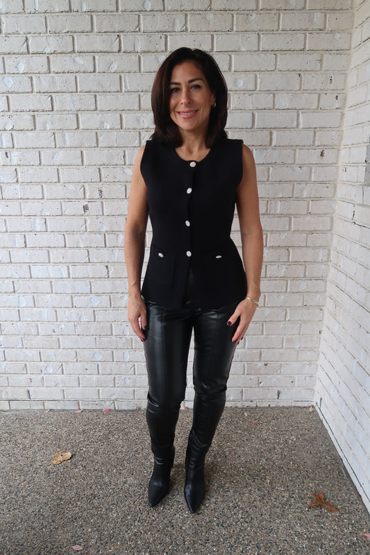 Crystal Button Sweater Vest - Black