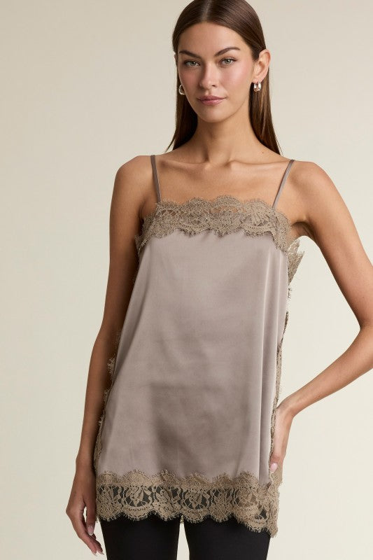 Talia Taupe Lace Trim Satin Top