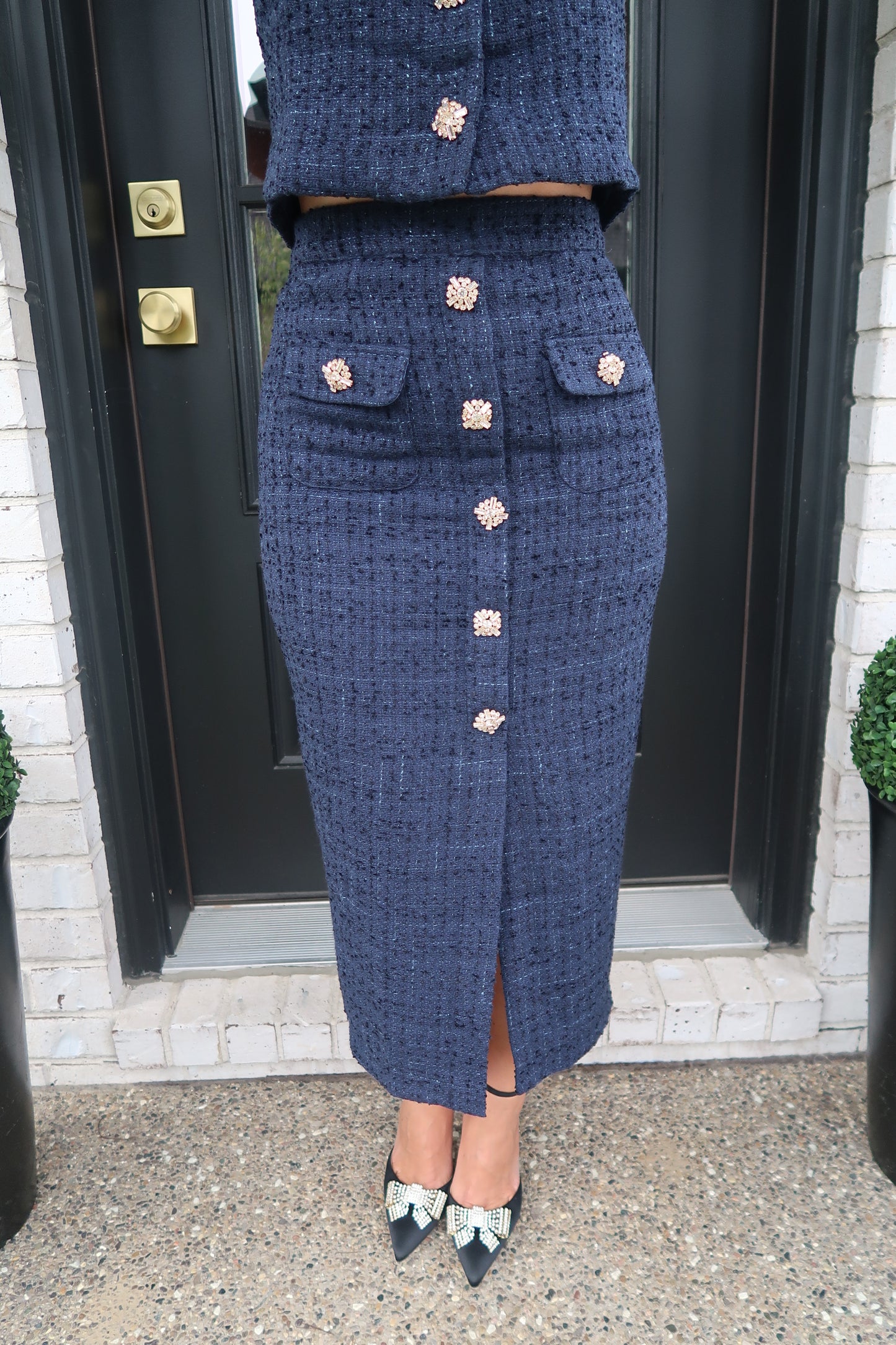 Tweed Midi Skirt - Navy