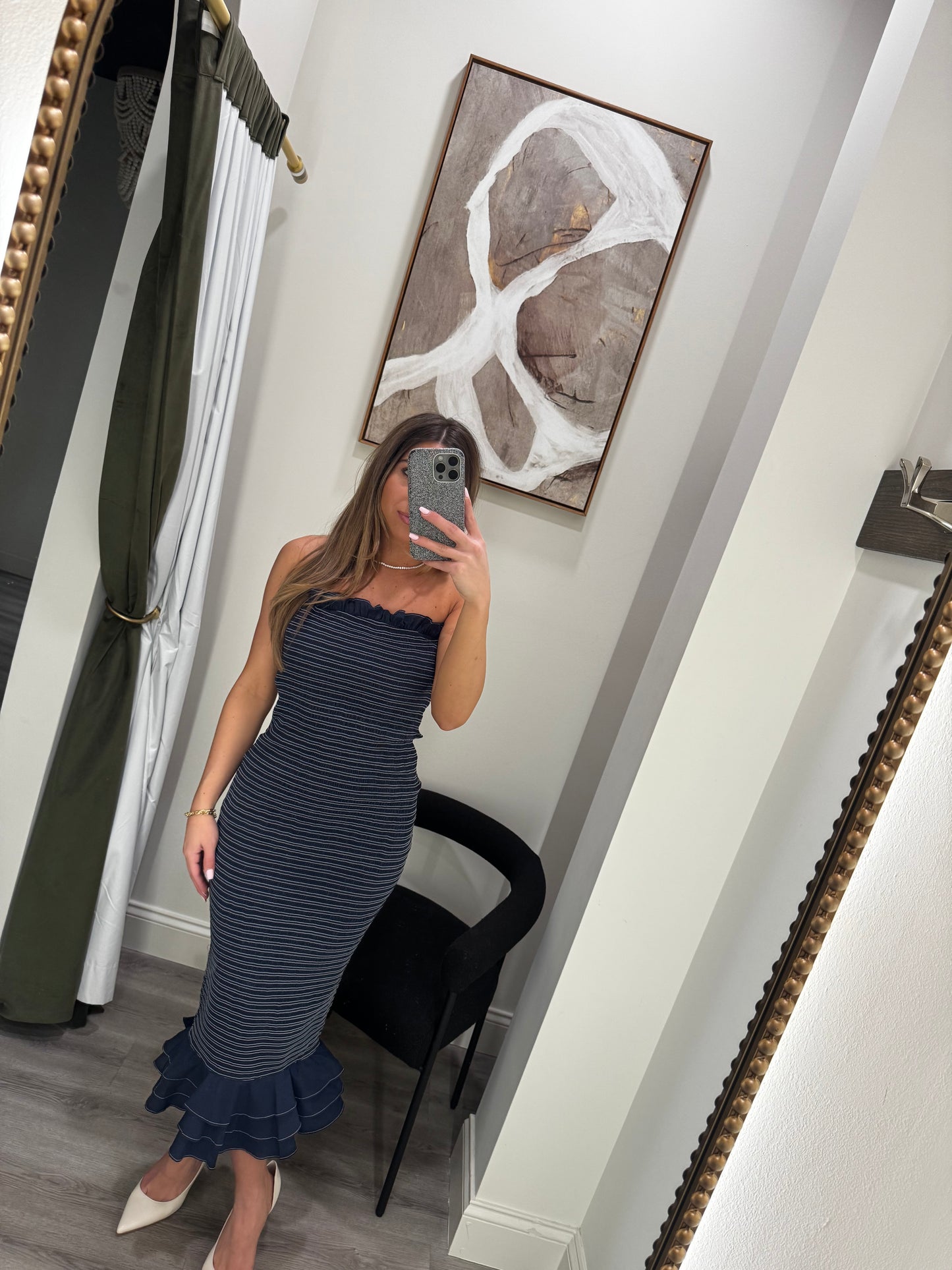 Smocked Navy Shoulder Tie Midi Dress