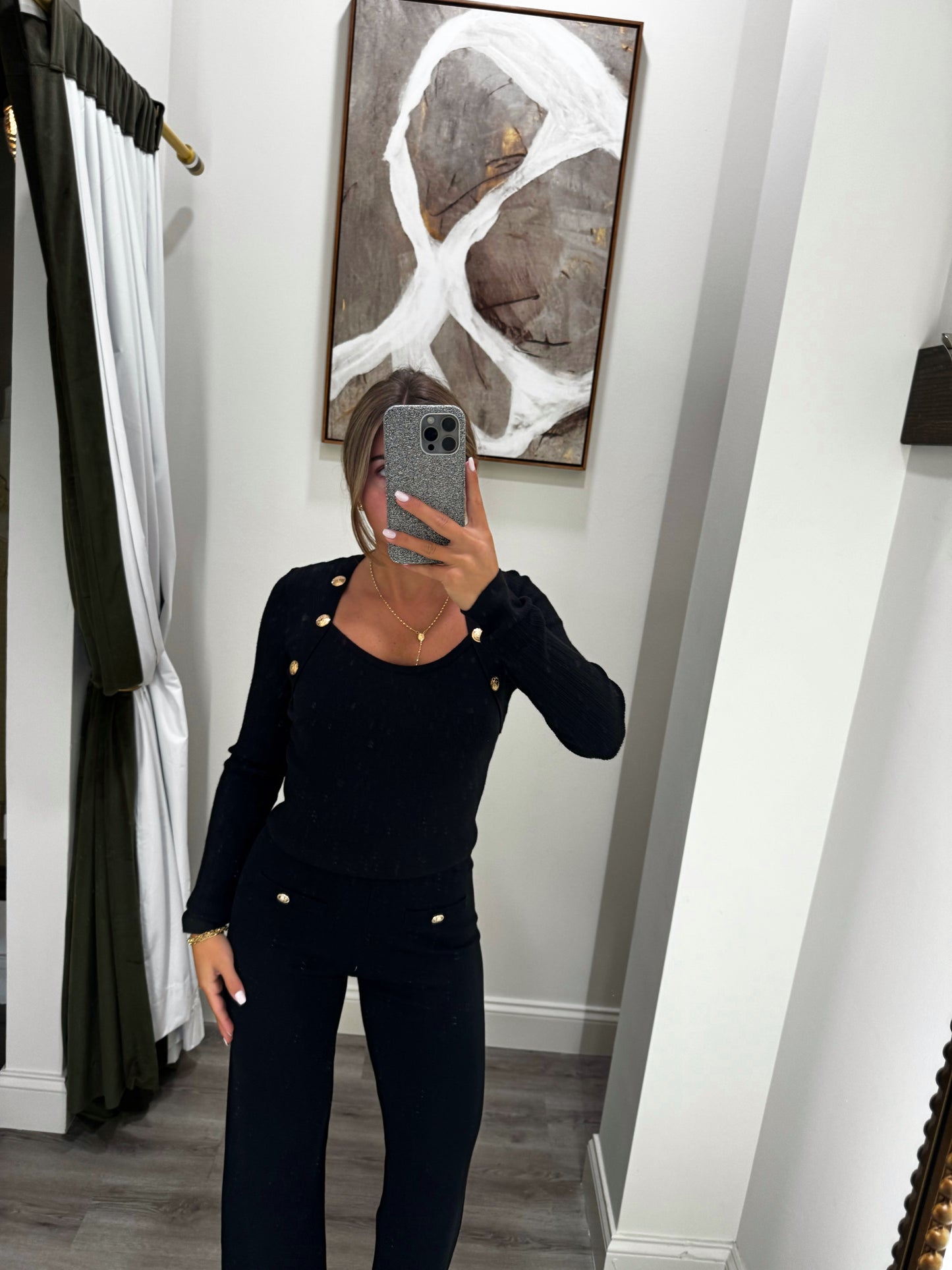 Knit Gold Button Top - Black