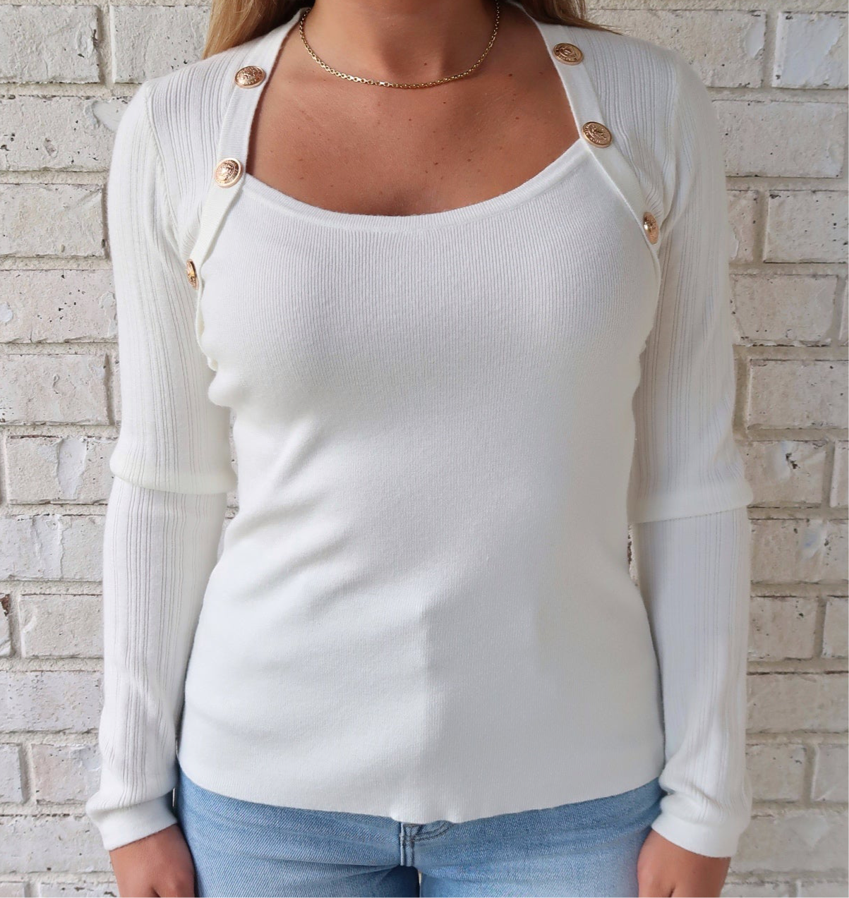 Knit Gold Button Top - White