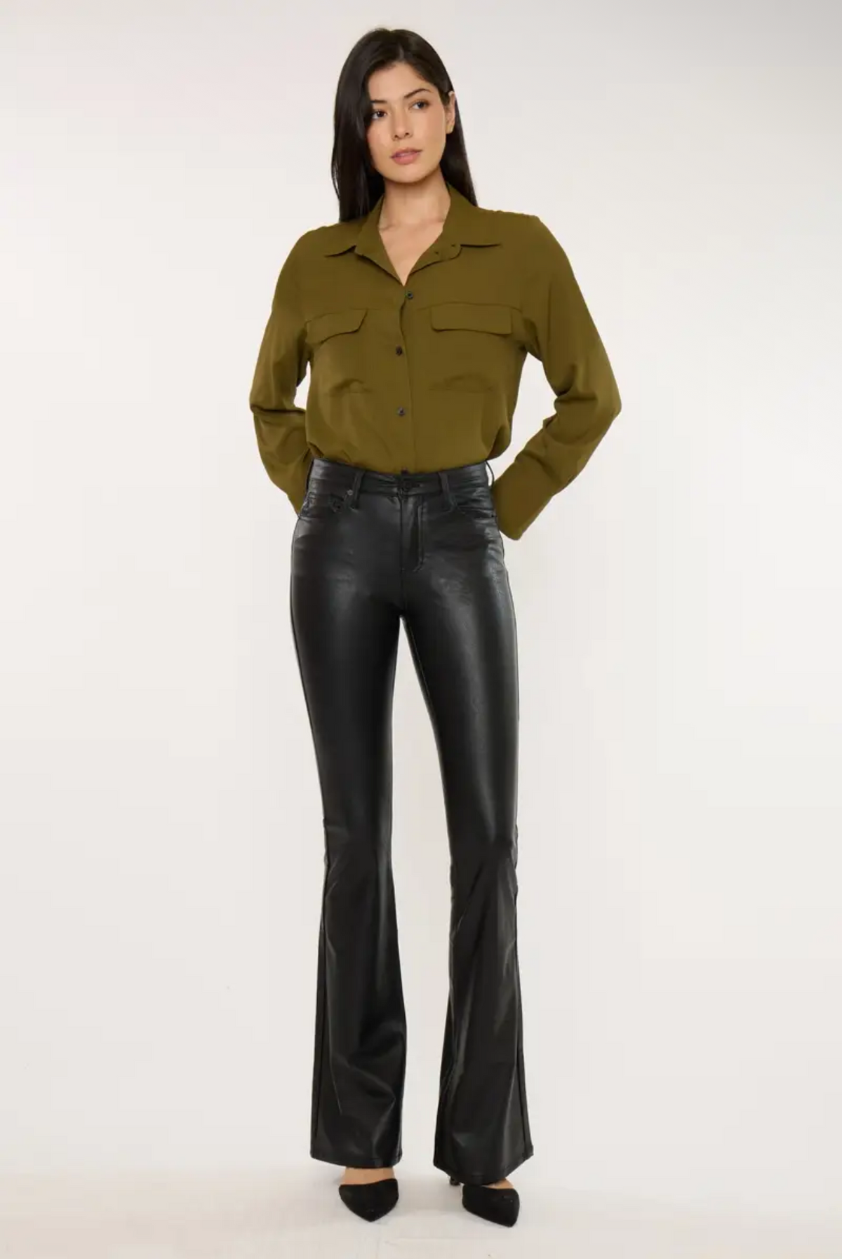 Vegan Leather Mid Rise Flare Pants