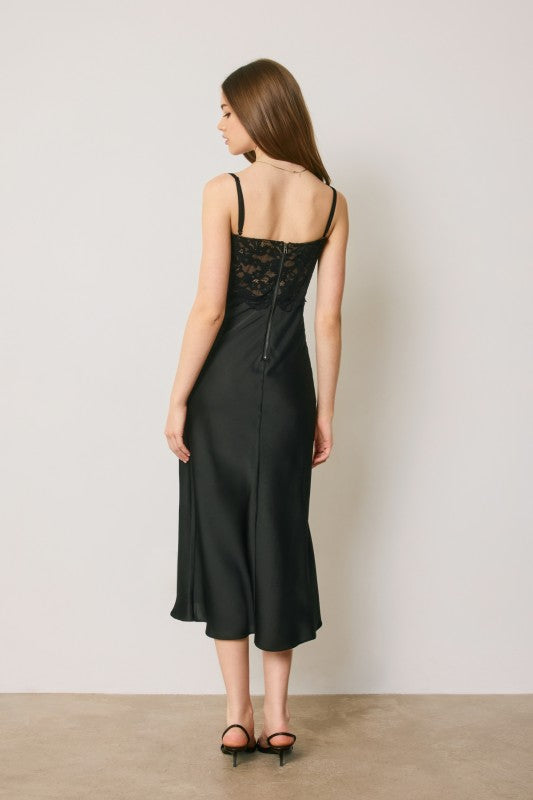Black Lace Satin Corset Midi Dress