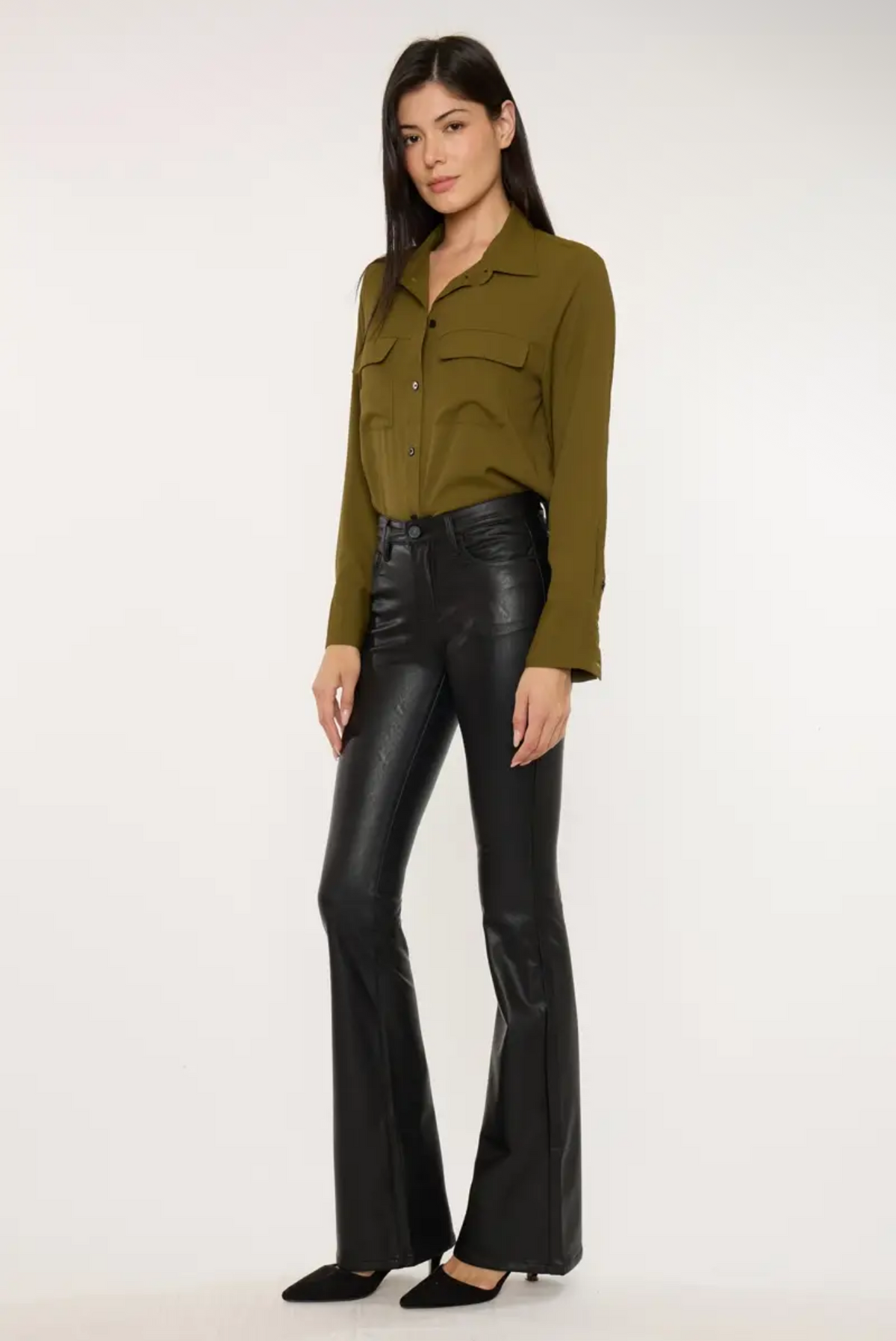 Vegan Leather Mid Rise Flare Pants