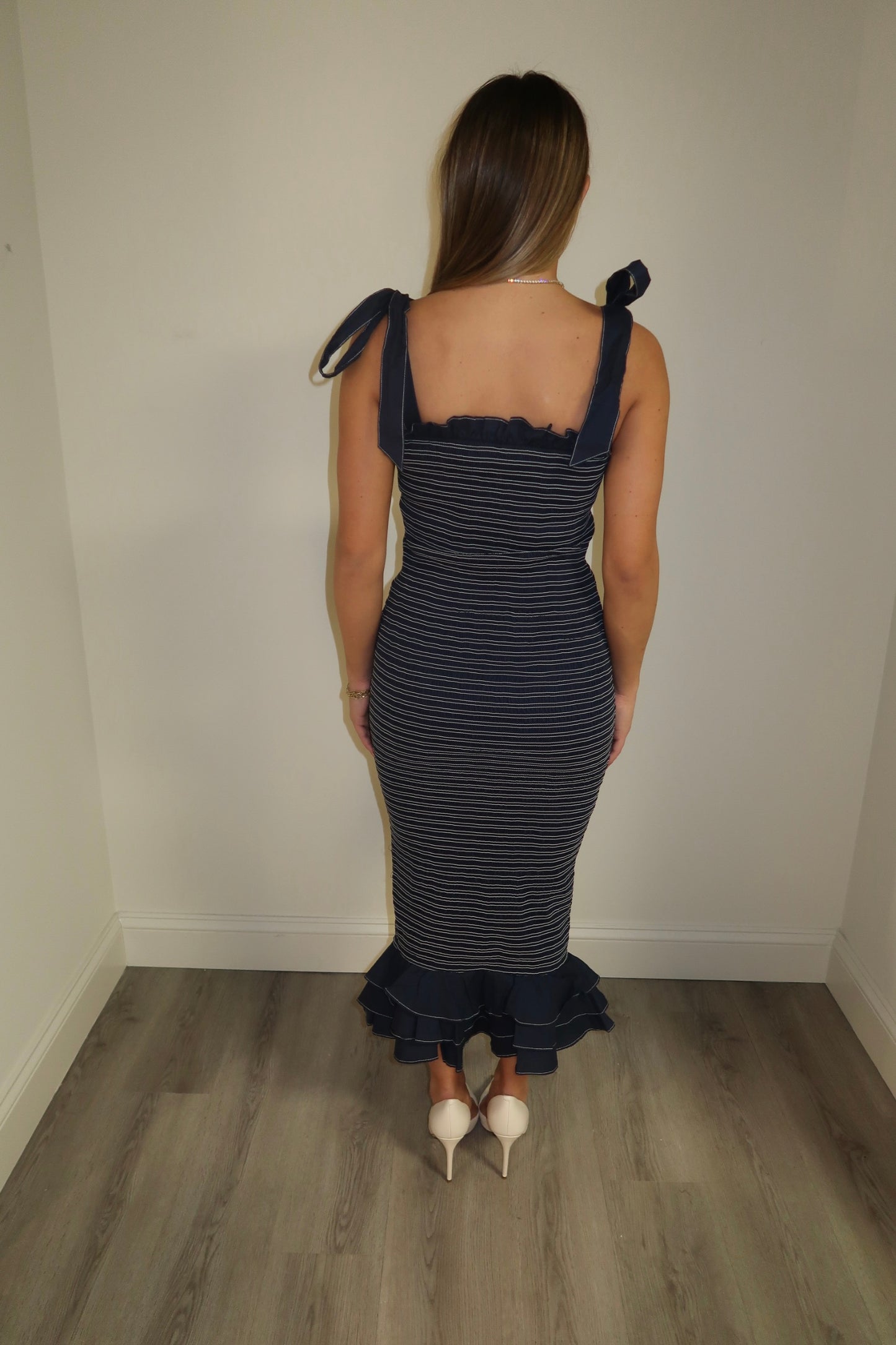 Smocked Navy Shoulder Tie Midi Dress