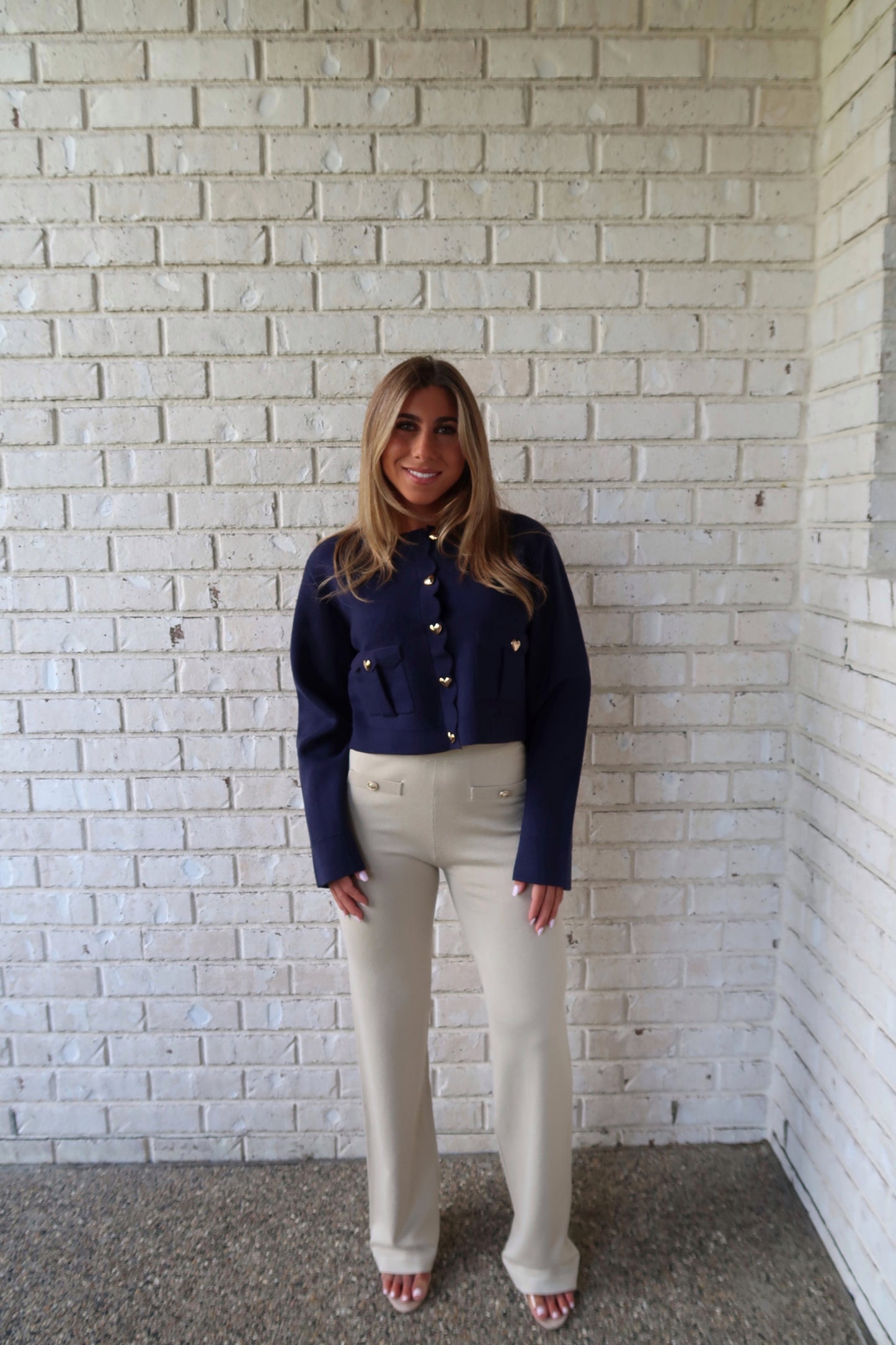 Navy Scalloped Heart Button Sweater