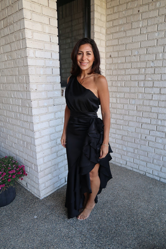 Black Satin Maxi One Shoulder Dress