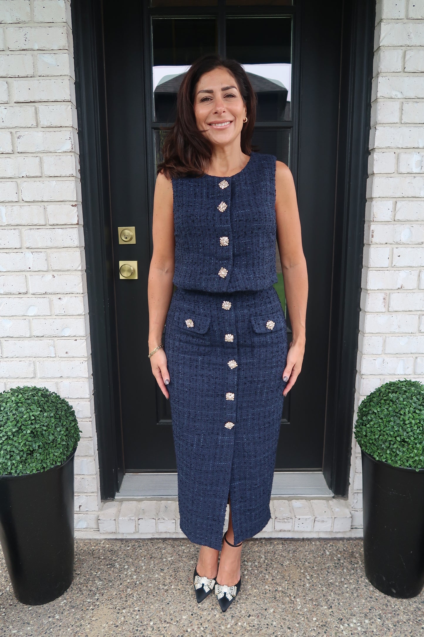 Tweed Midi Skirt - Navy