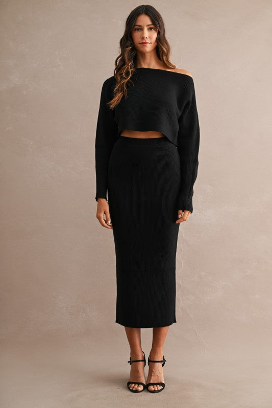 Ribbed Black High Rise Skirt