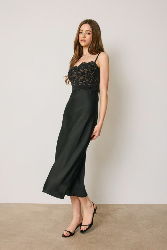 Black Lace Satin Corset Midi Dress