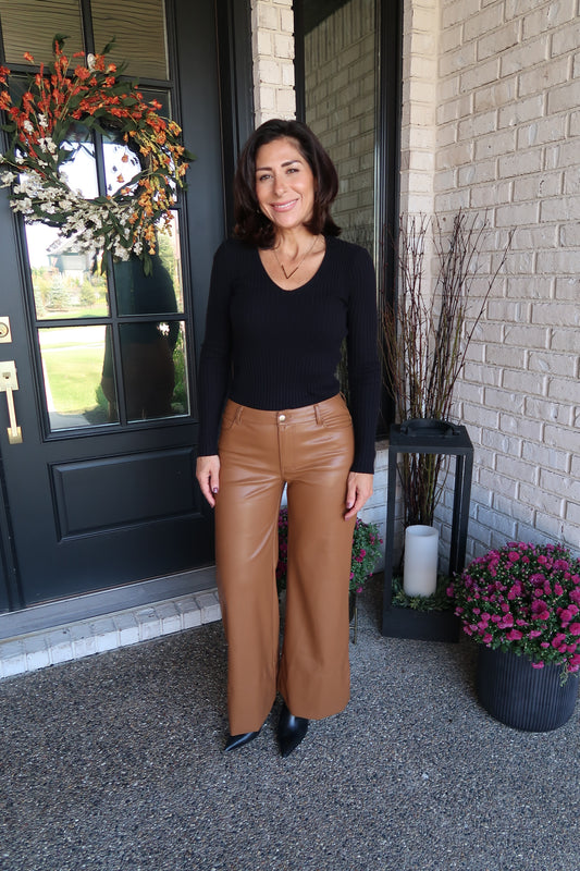 Camel Wide Leg Leather Flare Pants