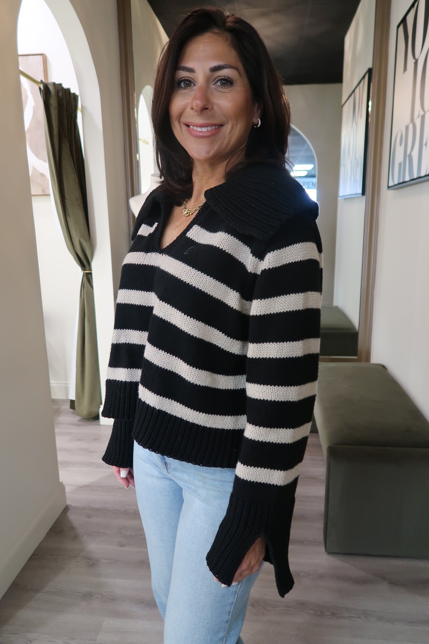 Striped V Neck Knit Sweater