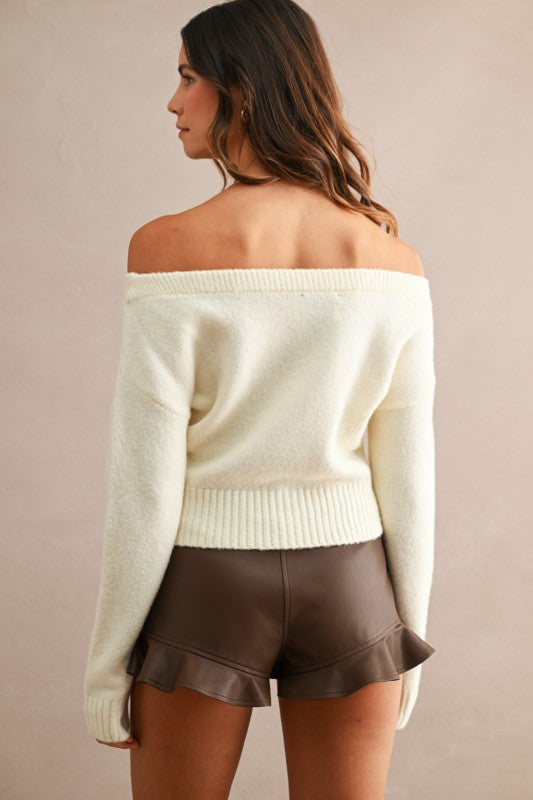 Cream Off Shoulder Cropped Sweater