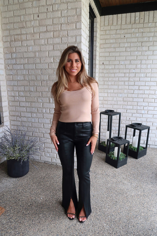 Knit Gold Button Top - Beige