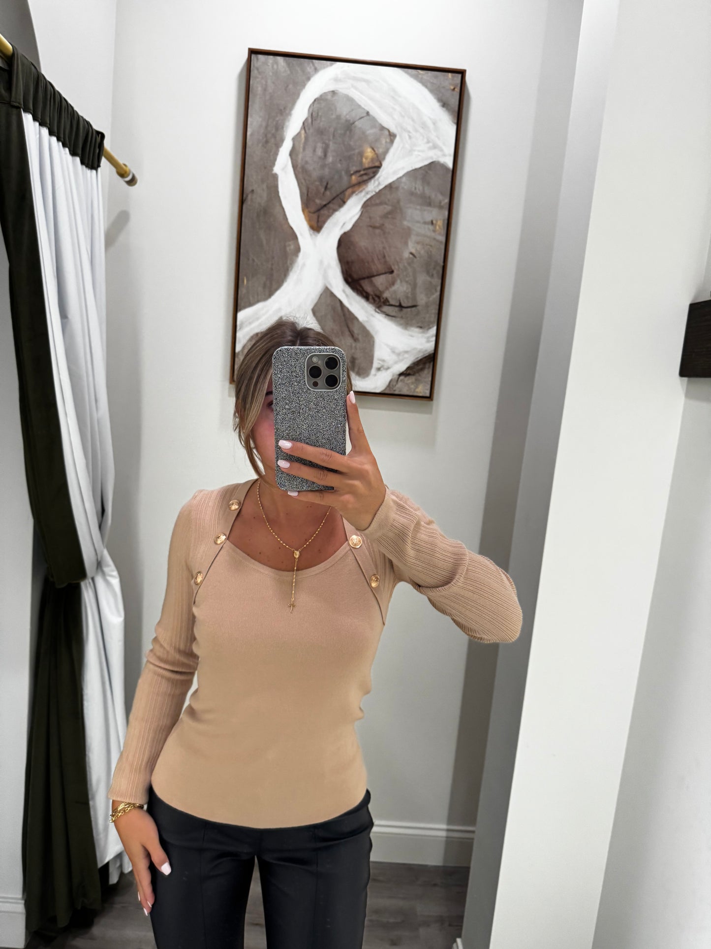 Knit Gold Button Top - Beige
