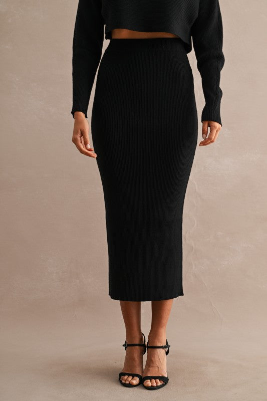 Ribbed Black High Rise Skirt