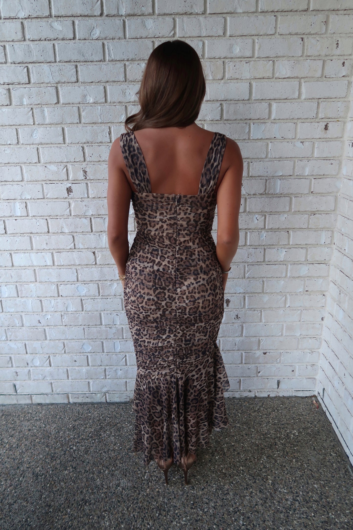 Ruched Leopard Print Fish Tail Midi Dress