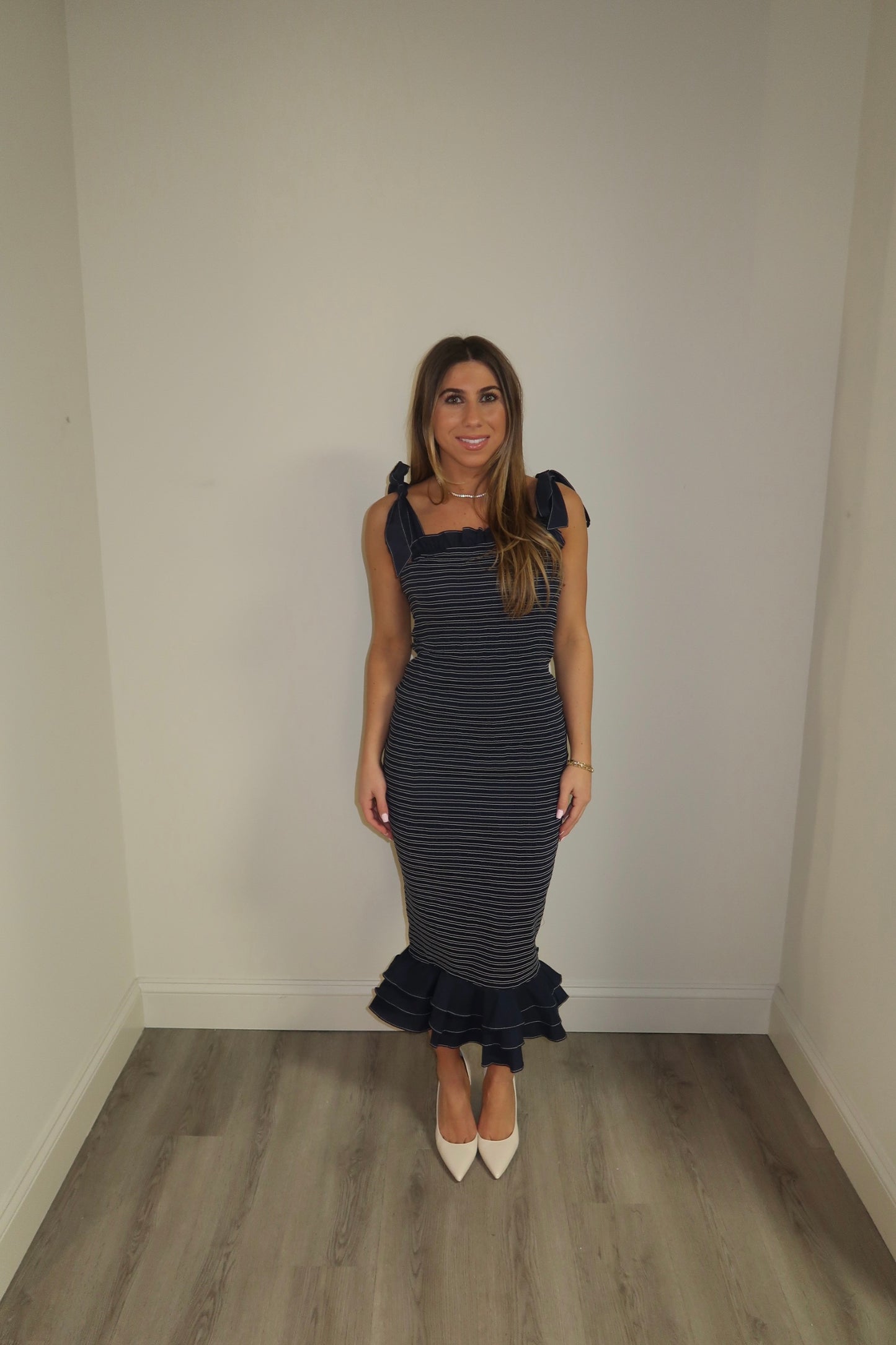 Smocked Navy Shoulder Tie Midi Dress