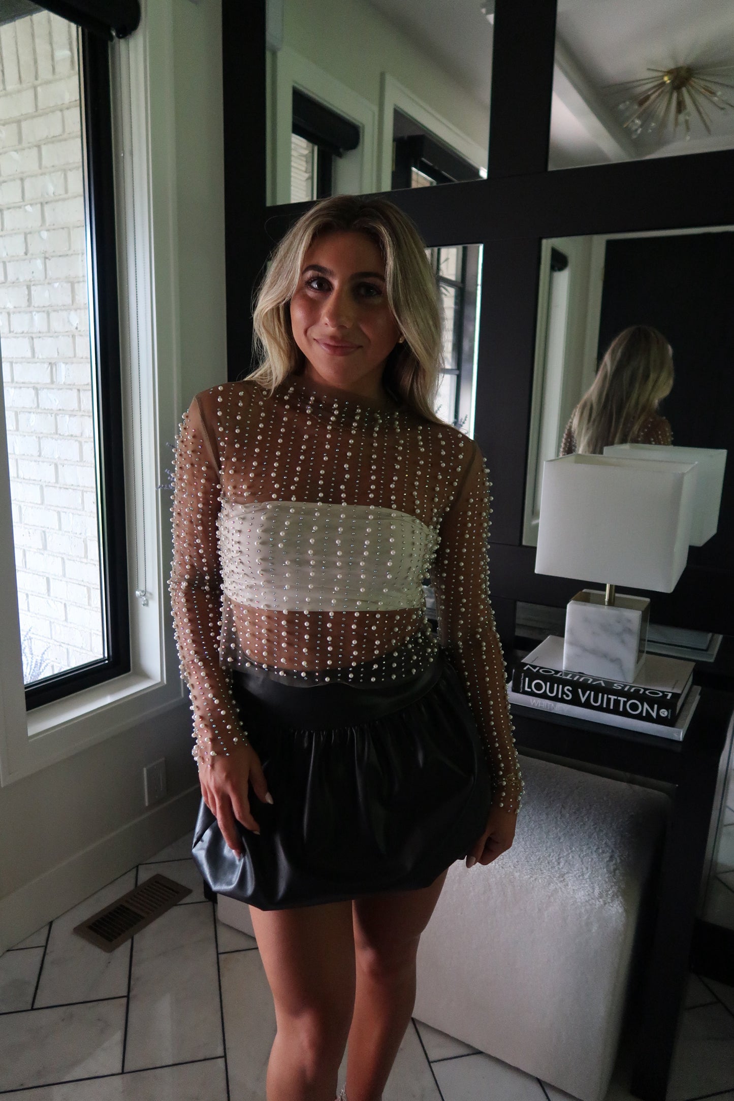 Rhinestone Pearl Mesh Top - Black