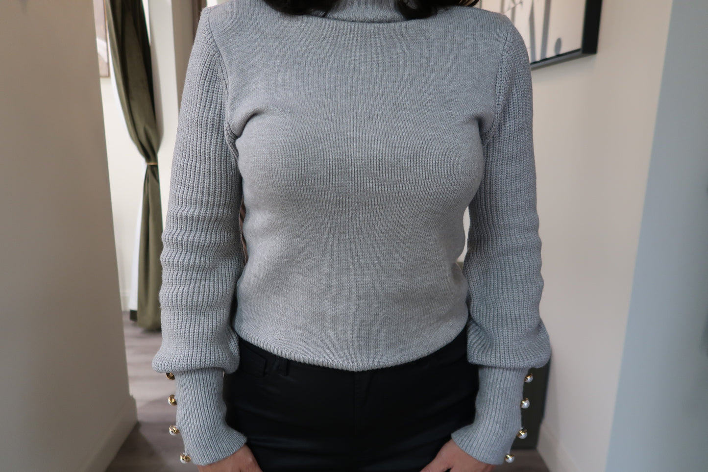 High Collar Knit Sweater - Gray