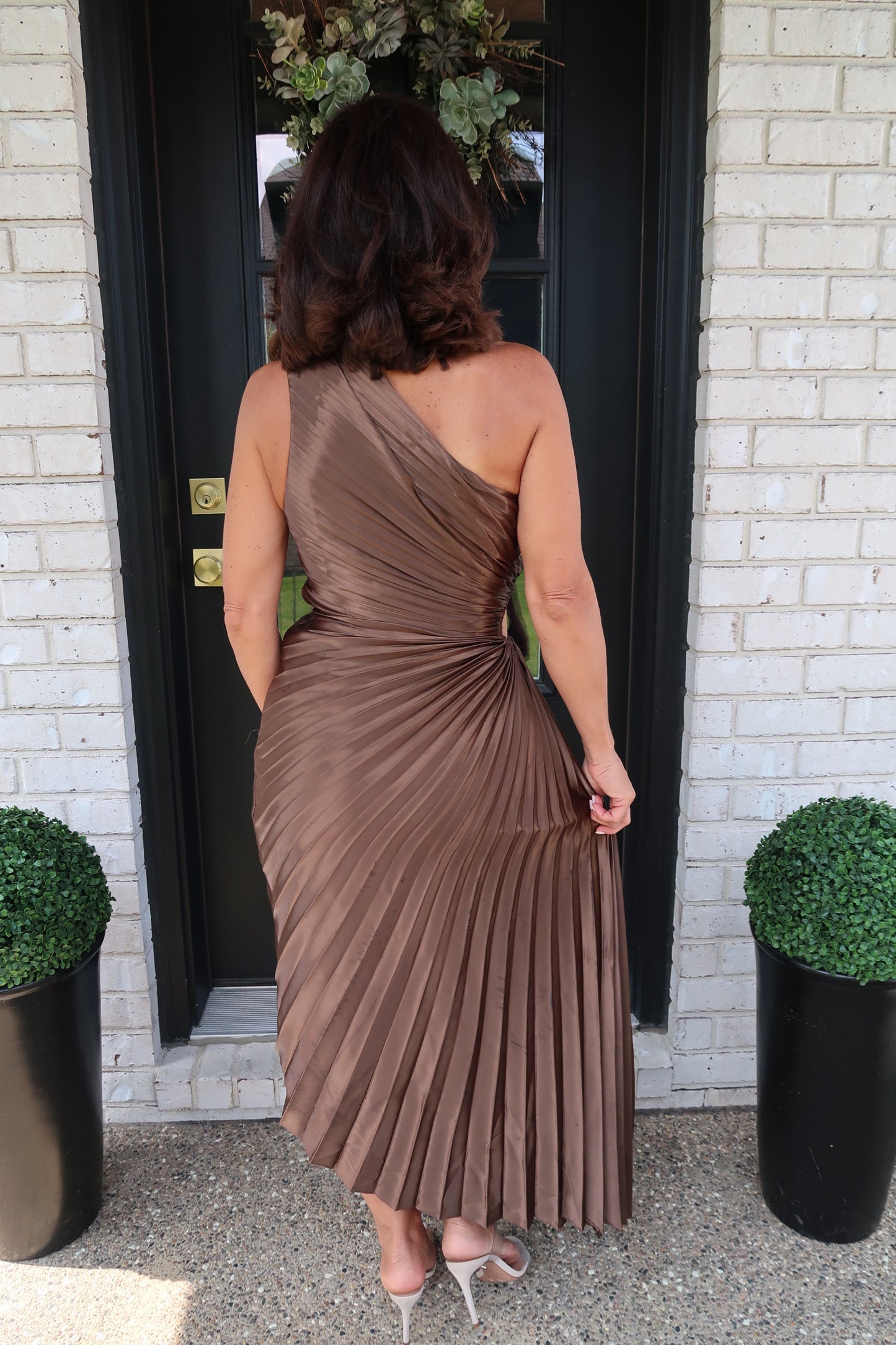 Bronze Asymmetrical Pleated Satin Dress