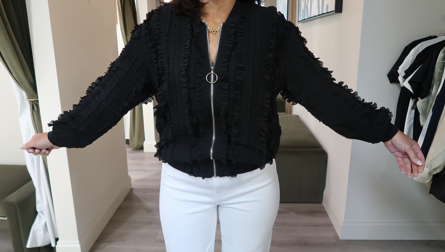 Black Laced Ruffle Bomber Jacket