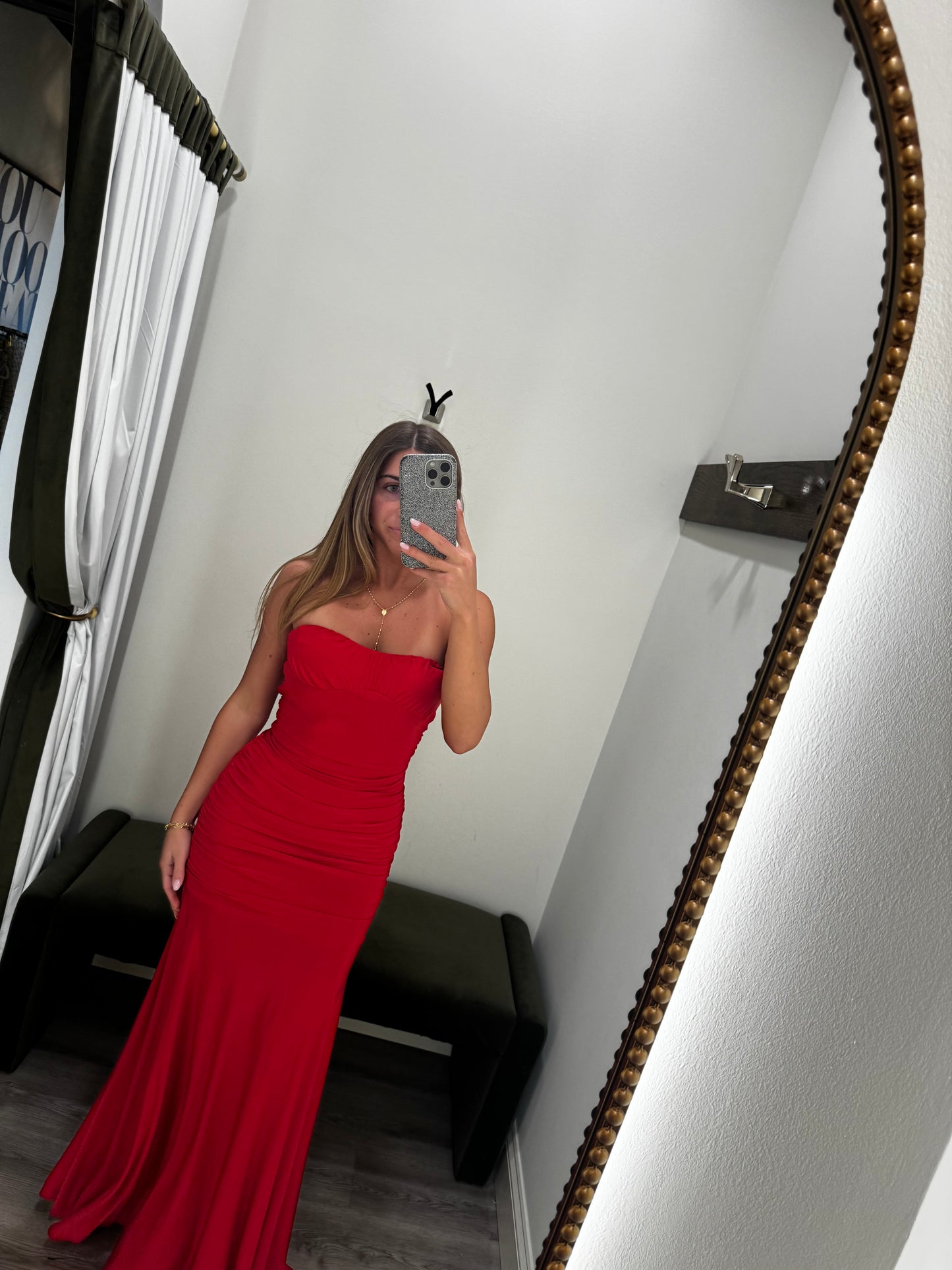 Red Ruched Midi Dress