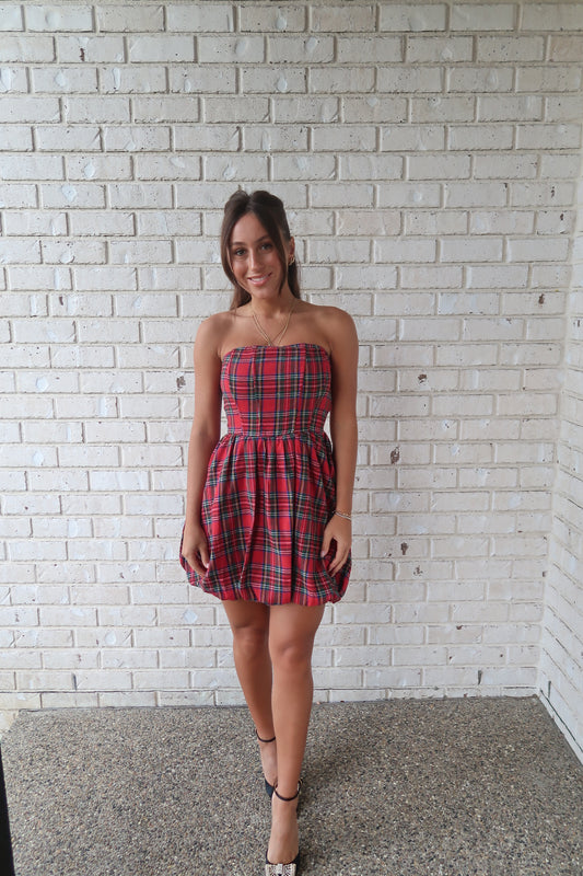 Red Plaid Bubble Mini Dress