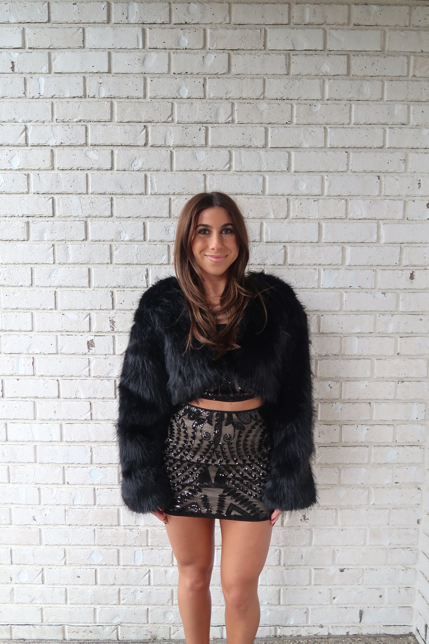 Cropped Black Faux Fur Coat