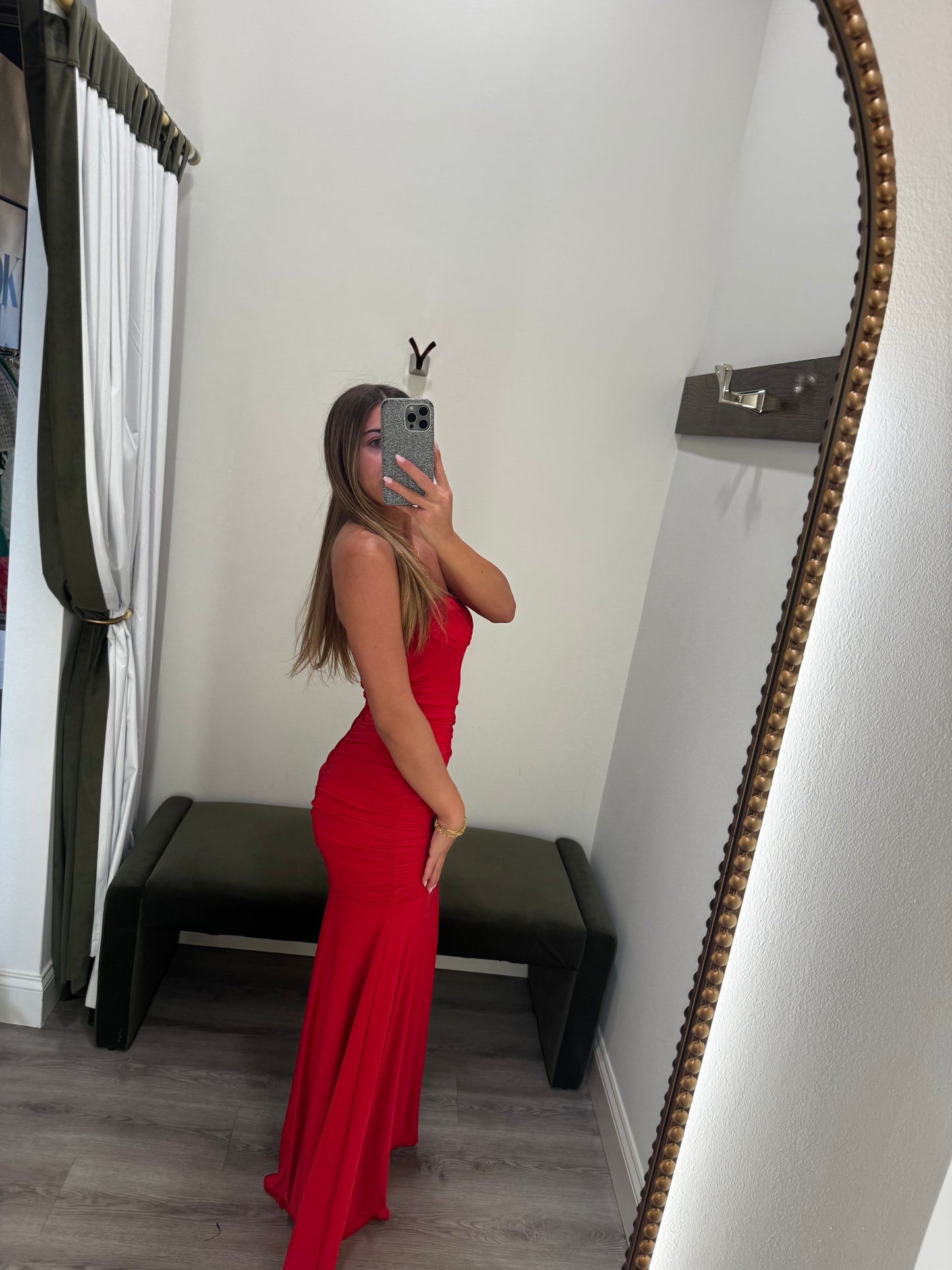 Red Ruched Midi Dress