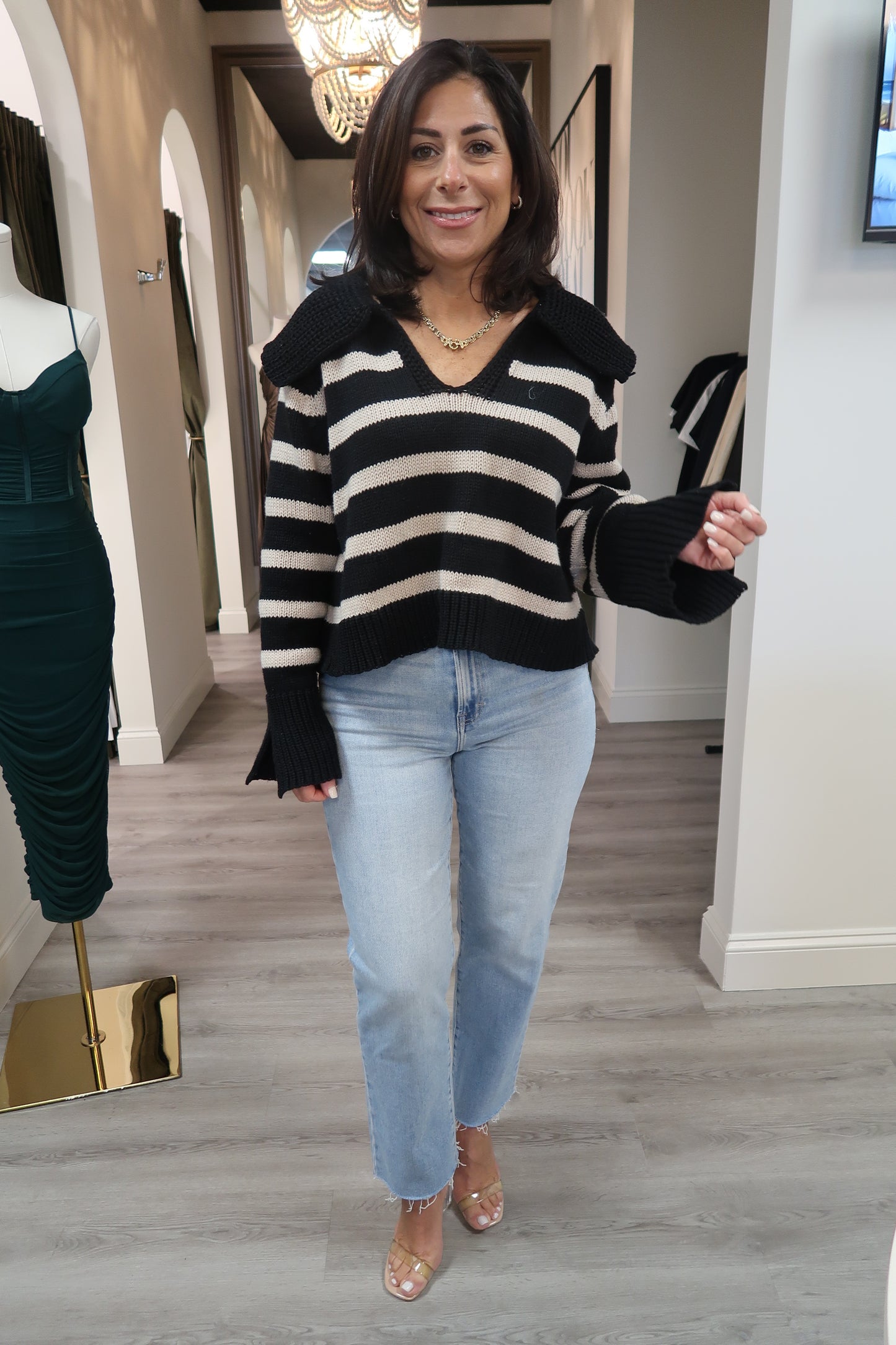 Striped V Neck Knit Sweater