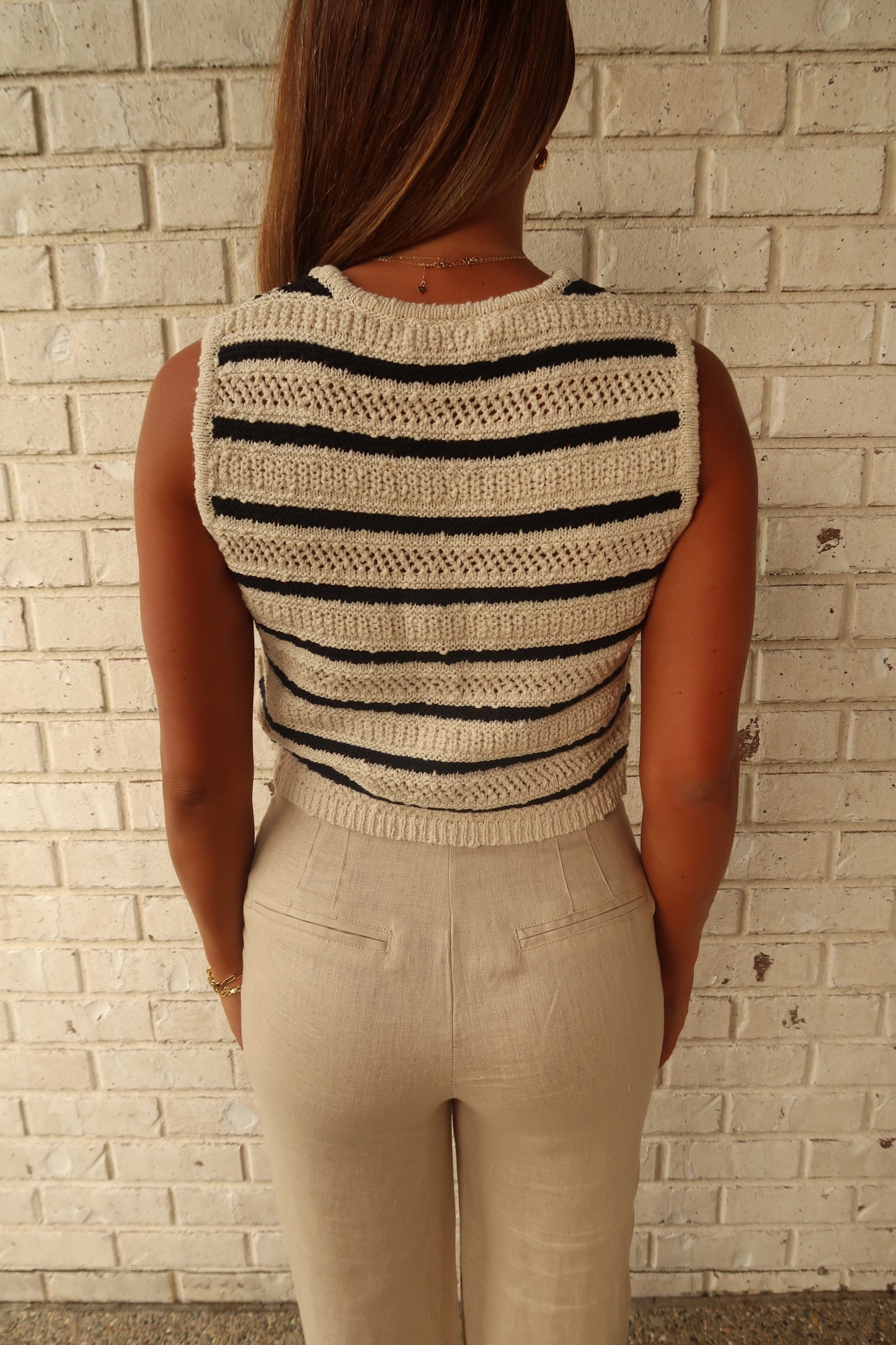 Light Khaki Striped Crochet Knit Vest