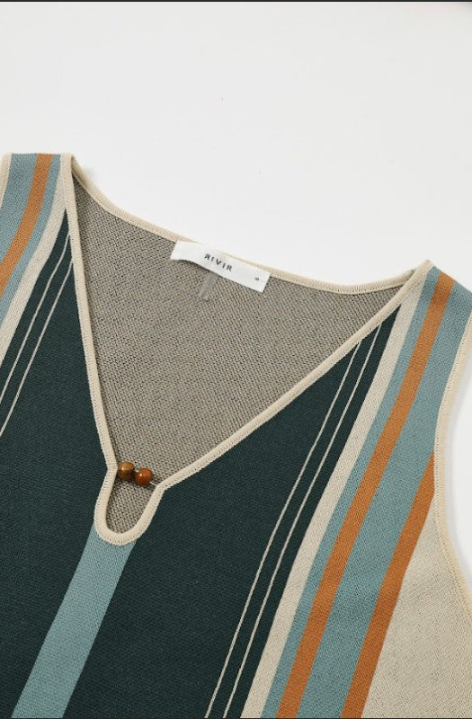 Knit Border Stripe Keyhole Top