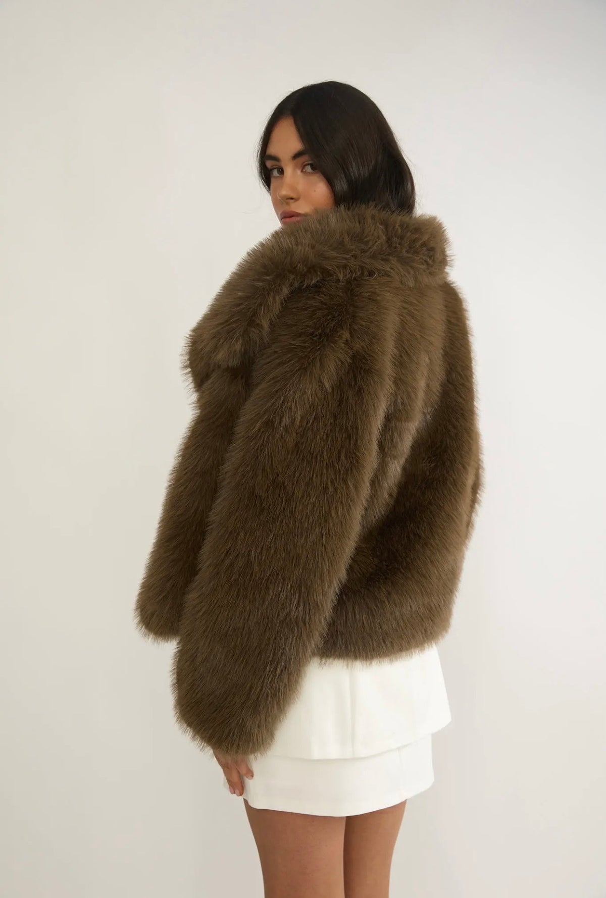 Shawl Faux Fur Coat - Coffee