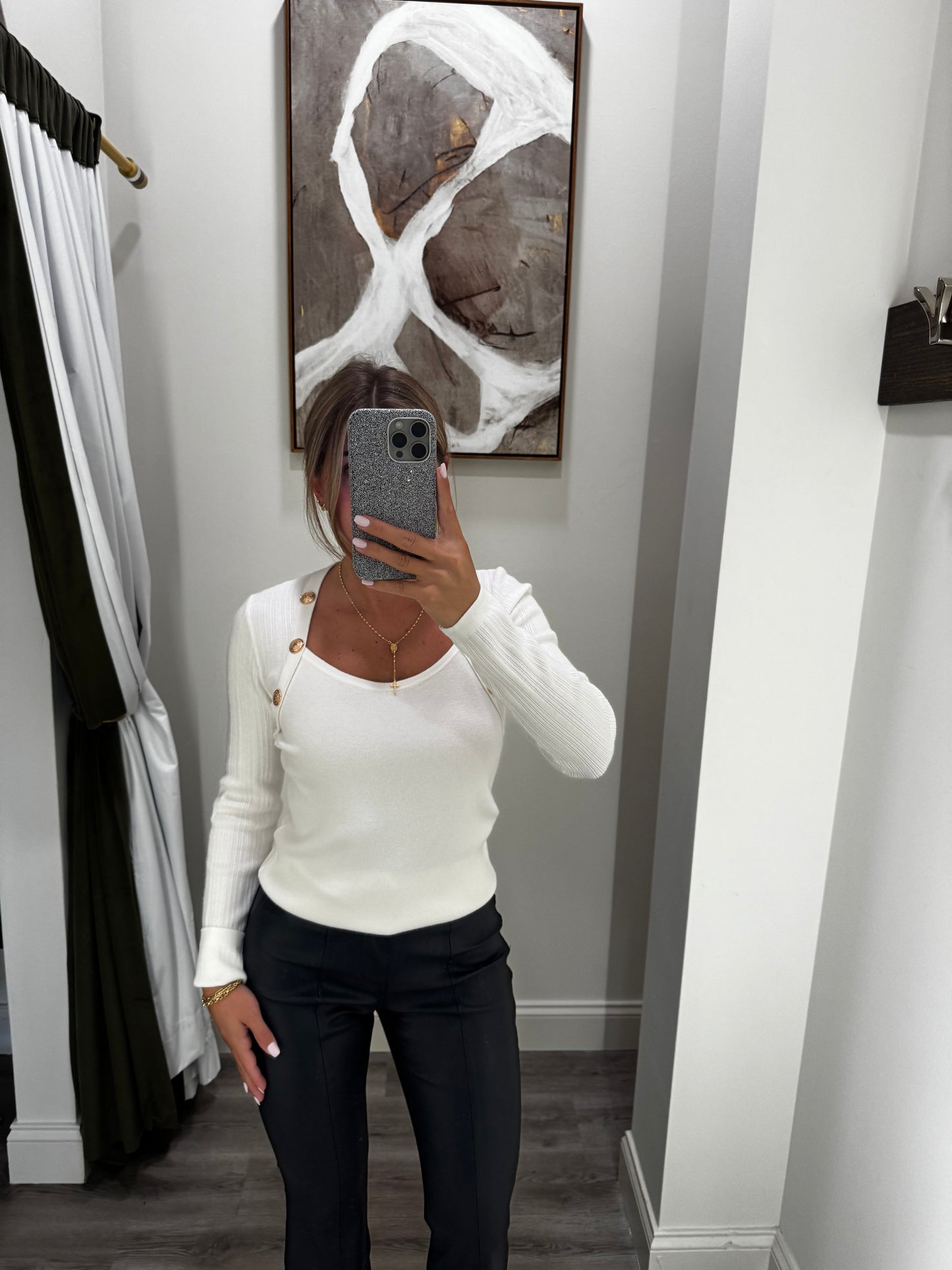 Knit Gold Button Top - White