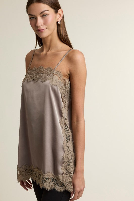 Talia Taupe Lace Trim Satin Top