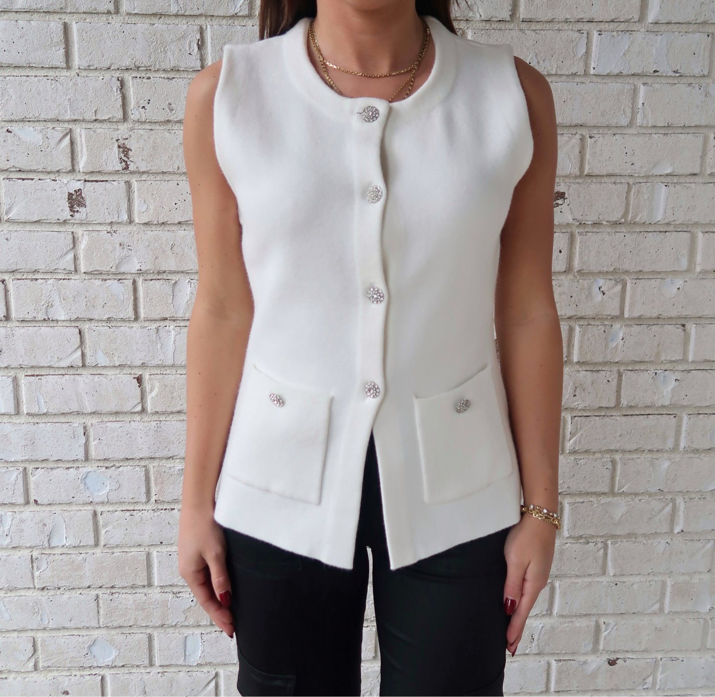 Crystal Button Sweater Vest - Cream