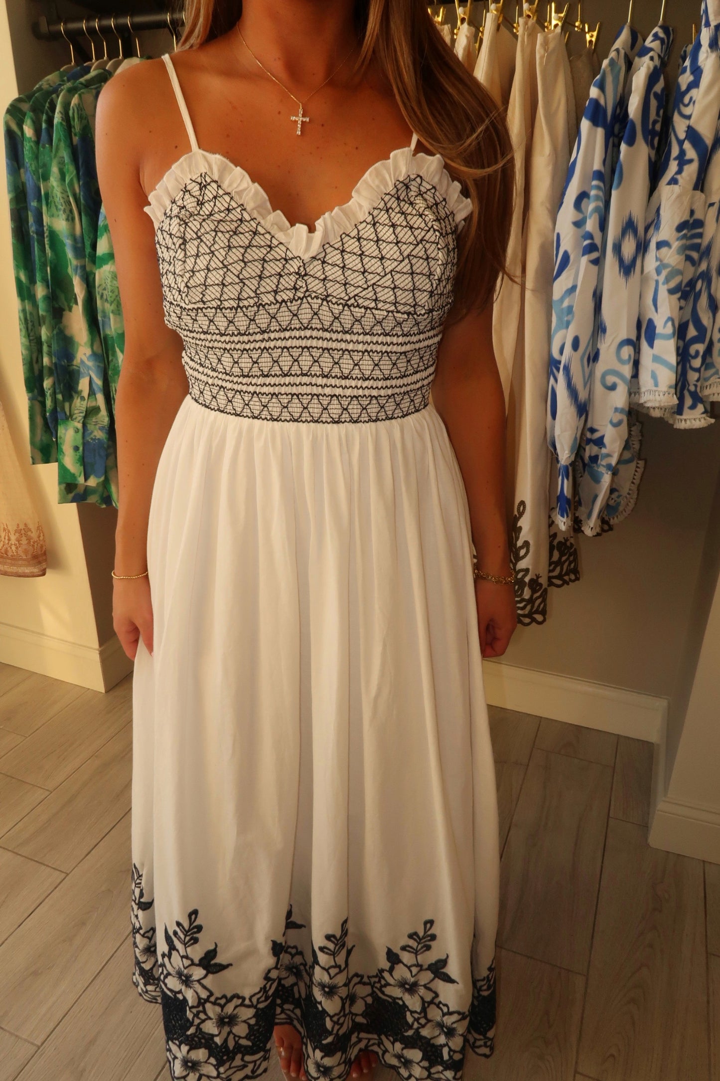 Floral Smocked Navy Midi Dress